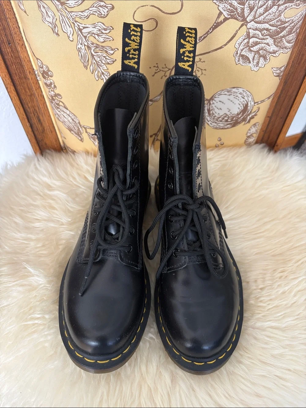 Dr. Martens Black Leather Lace-Up Boots with Yellow Stitching